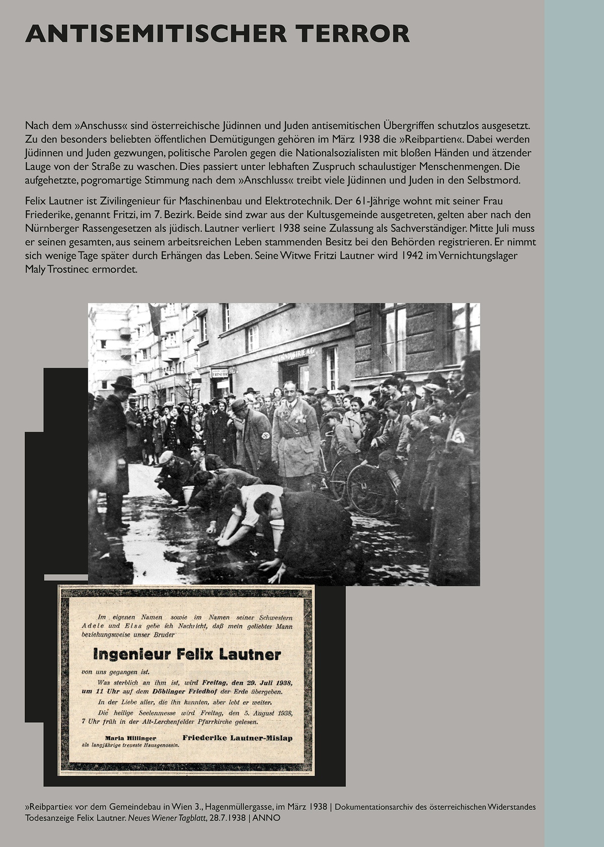 Tafel Antisemitischer Terror &copy; Tafel aus der Installation &raquo;Schaltstelle des Terrors&laquo; von Sophie Lillie und Arye Wachsmuth