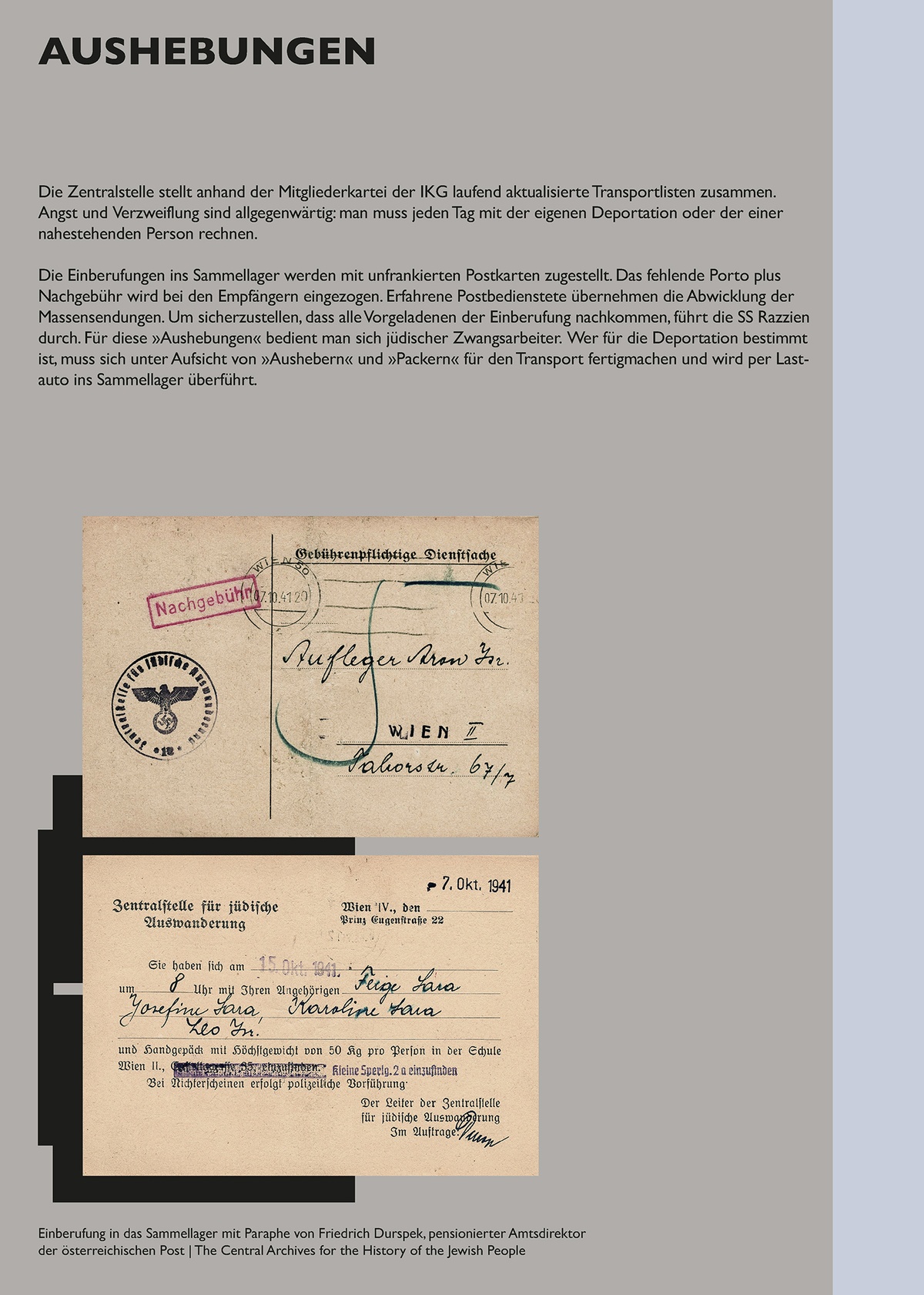 Tafel: Aushebungen &copy; Tafel aus der Installation &raquo;Schaltstelle des Terrors&laquo; von Sophie Lillie und Arye Wachsmuth