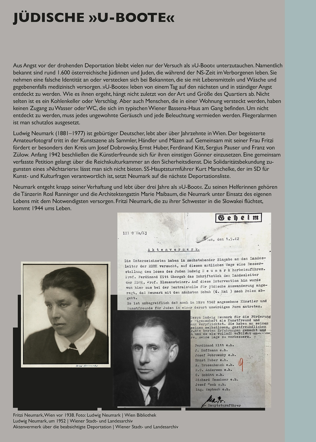 Tafel: J&uuml;dische U-Boote &copy; Tafel aus der Installation &raquo;Schaltstelle des Terrors&laquo; von Sophie Lillie und Arye Wachsmuth