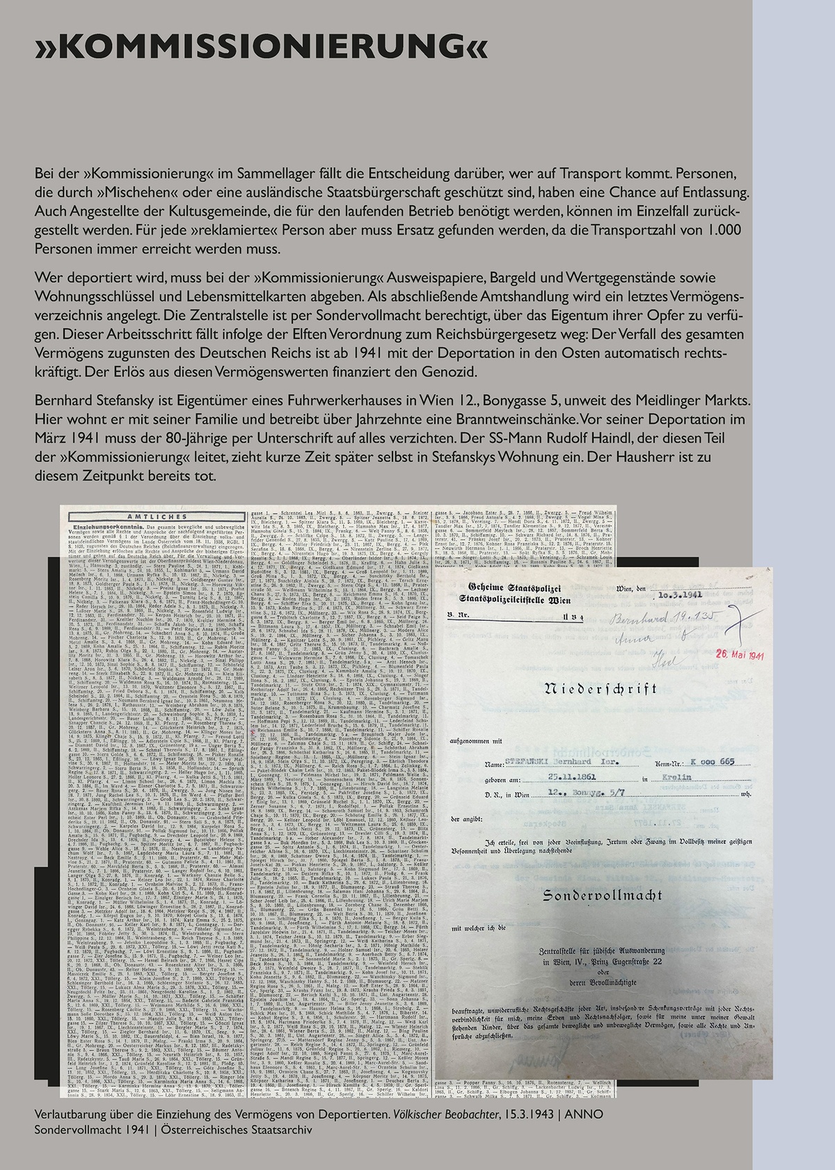 Tafel: Kommissionierung &copy; Tafel aus der Installation &raquo;Schaltstelle des Terrors&laquo; von Sophie Lillie und Arye Wachsmuth