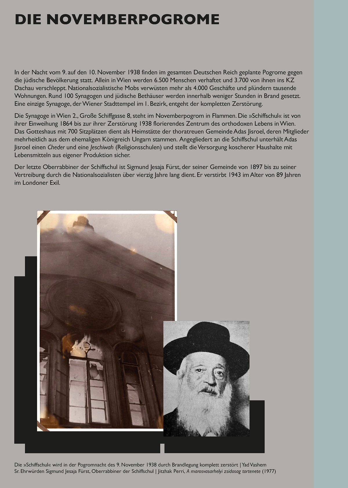 Tafel: Novemberprogrome &copy; Tafel aus der Installation &raquo;Schaltstelle des Terrors&laquo; von Sophie Lillie und Arye Wachsmuth