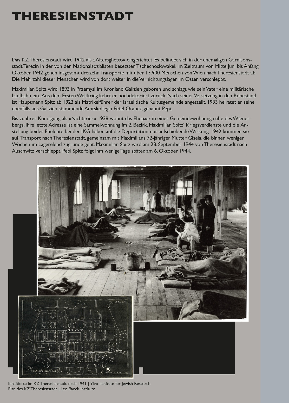 Tafel: Theresienstadt &copy; Tafel aus der Installation &raquo;Schaltstelle des Terrors&laquo; von Sophie Lillie und Arye Wachsmuth