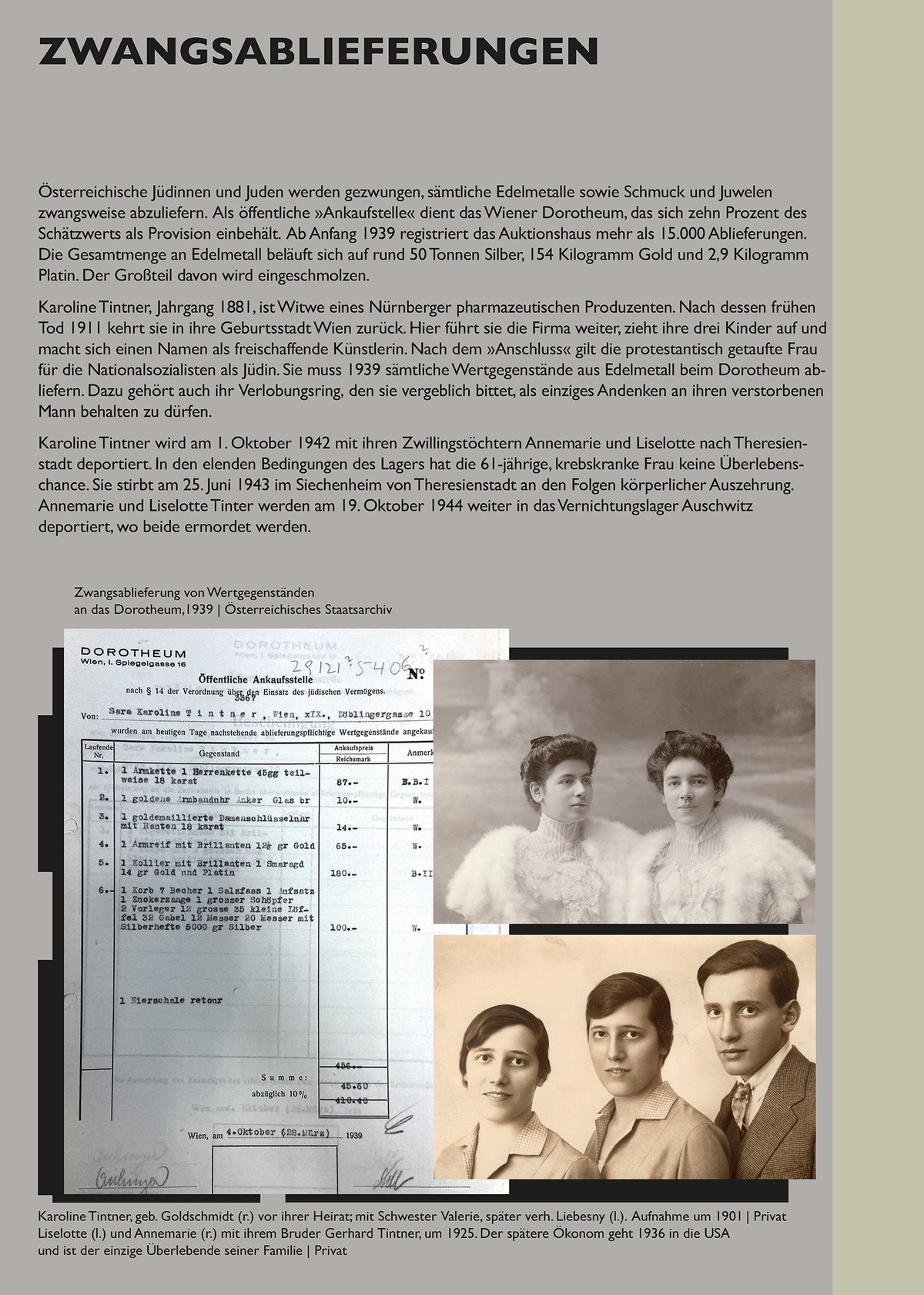 Tafel: Zwangsablieferungen &copy; Tafel aus der Installation &raquo;Schaltstelle des Terrors&laquo; von Sophie Lillie und Arye Wachsmuth