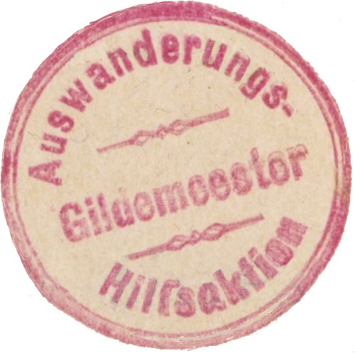 Runder Stempelabdruck mit der Aufschrift &bdquo;Auswanderungs-Hilfsaktion Gildemeester&ldquo;. &copy; Venus/Wenck, Aktion Gildemeester, 2004, 532.